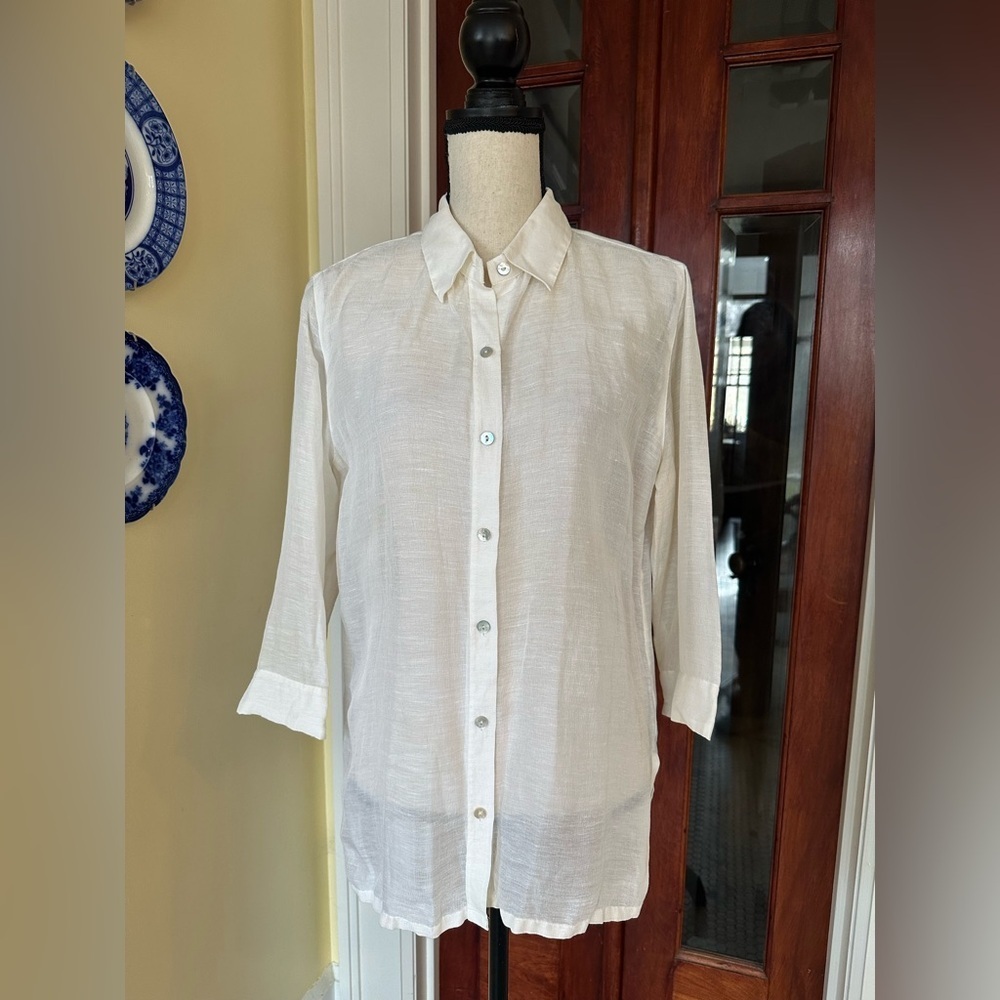 Chico’s | Semi-Sheer Silk & Linen Button Down Shirt, 3/4 Sleeves, Size M